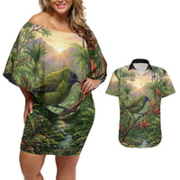 Bellbird New Zealand Personalised Couples Matching Off Shoulder Short Dress and Hawaiian Shirt Korimako Harakeke Flower Native Forest LT22 Green - Polynesian Pride