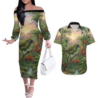 Bellbird New Zealand Personalised Couples Matching Off The Shoulder Long Sleeve Dress and Hawaiian Shirt Korimako Harakeke Flower Native Forest LT22 Green - Polynesian Pride