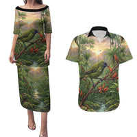 Bellbird New Zealand Personalised Couples Matching Puletasi and Hawaiian Shirt Korimako Harakeke Flower Native Forest