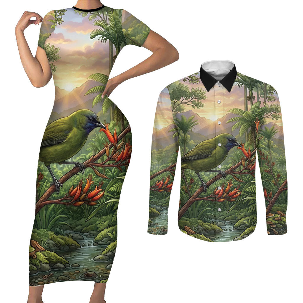 Bellbird New Zealand Personalised Couples Matching Short Sleeve Bodycon Dress and Long Sleeve Button Shirt Korimako Harakeke Flower Native Forest