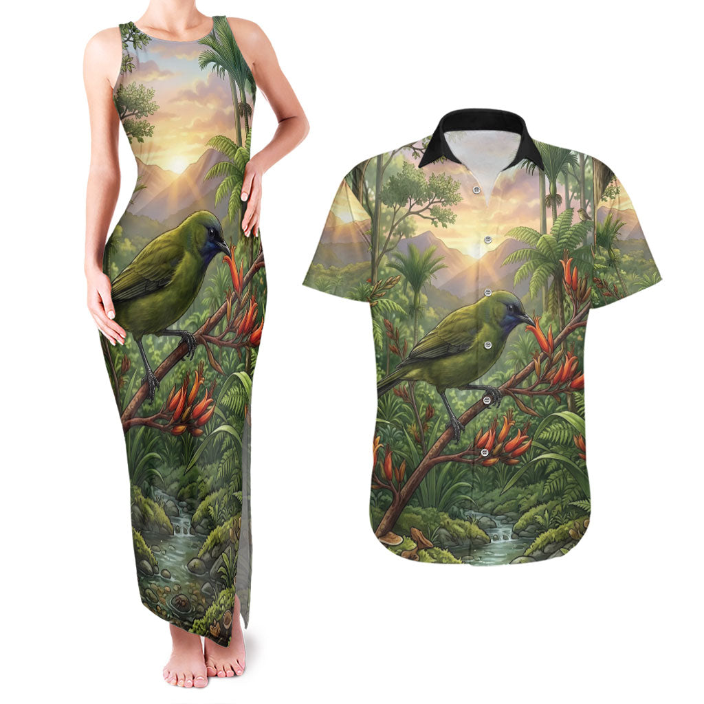 Bellbird New Zealand Personalised Couples Matching Tank Maxi Dress and Hawaiian Shirt Korimako Harakeke Flower Native Forest LT22 Green - Polynesian Pride