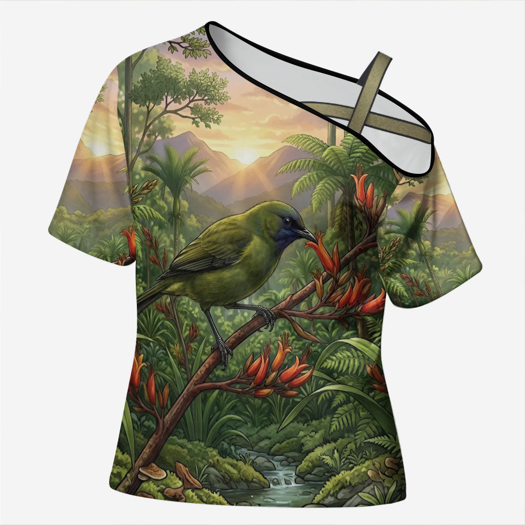 Bellbird New Zealand Personalised Cross Shoulder Shirt Korimako Harakeke Flower Native Forest