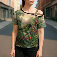Bellbird New Zealand Personalised Cross Shoulder Shirt Korimako Harakeke Flower Native Forest