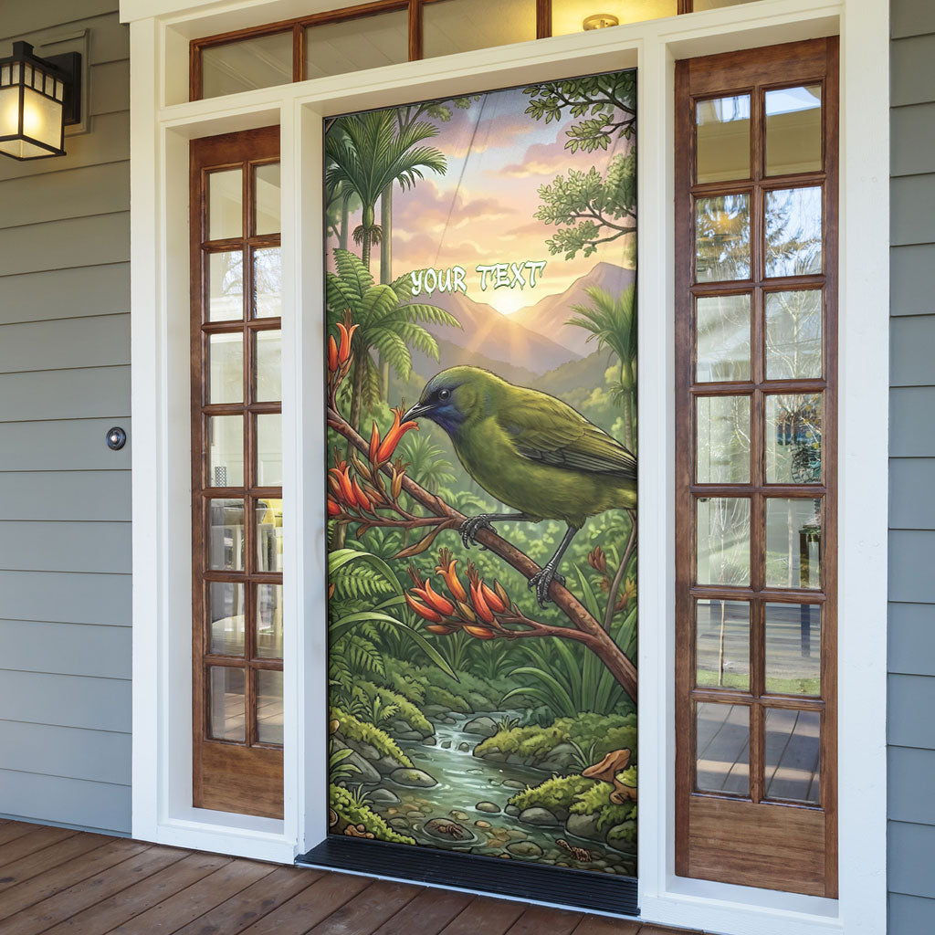 Bellbird New Zealand Personalised Door Cover Korimako Harakeke Flower Native Forest