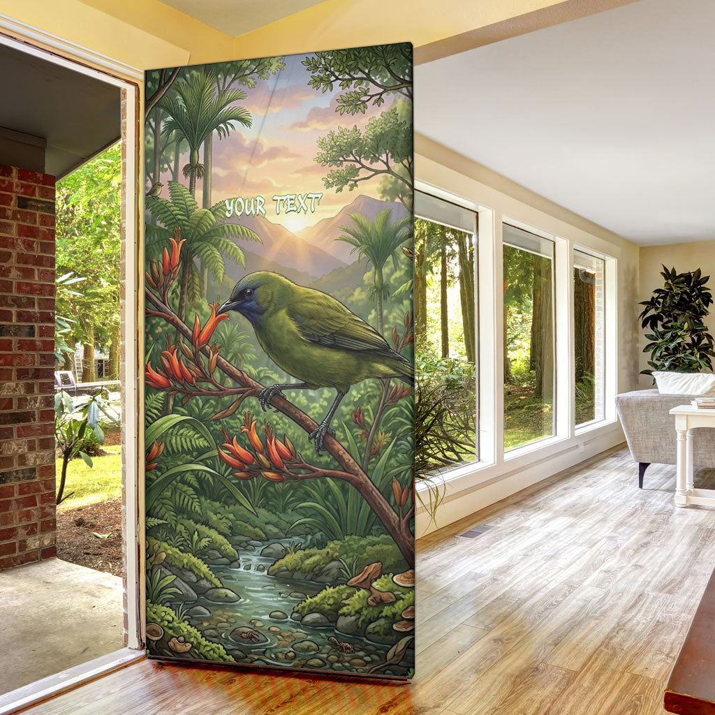 Bellbird New Zealand Personalised Door Cover Korimako Harakeke Flower Native Forest