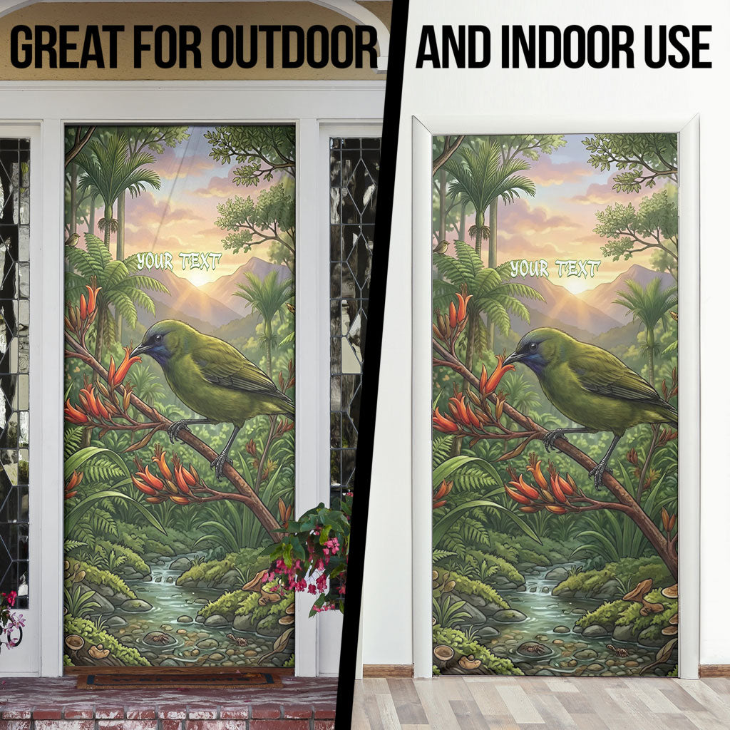 Bellbird New Zealand Personalised Door Cover Korimako Harakeke Flower Native Forest