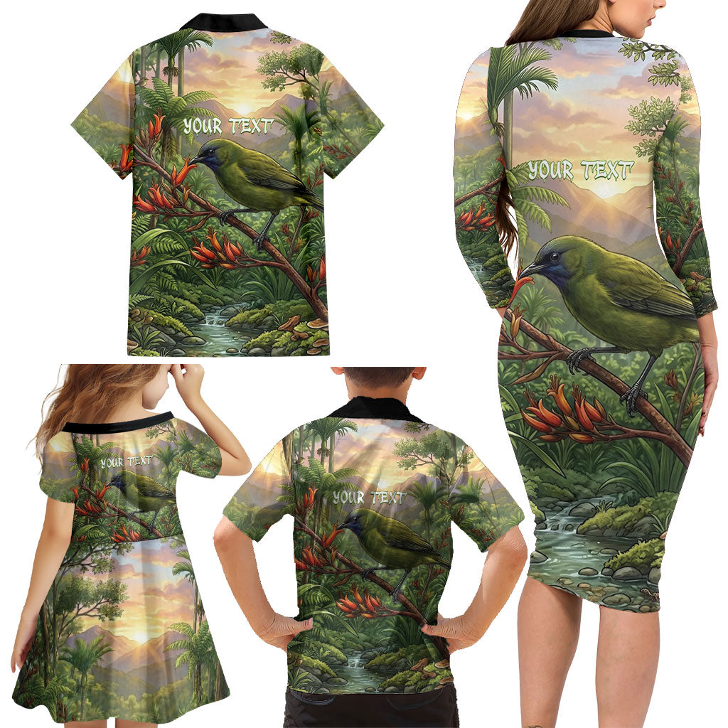 Bellbird New Zealand Personalised Family Matching Long Sleeve Bodycon Dress and Hawaiian Shirt Korimako Harakeke Flower Native Forest LT22 - Polynesian Pride