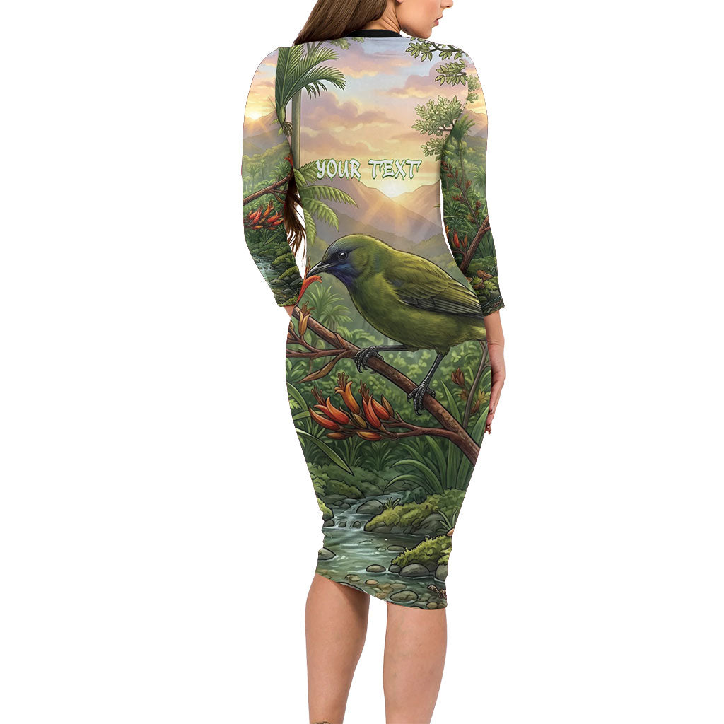 Bellbird New Zealand Personalised Family Matching Long Sleeve Bodycon Dress and Hawaiian Shirt Korimako Harakeke Flower Native Forest LT22 - Polynesian Pride