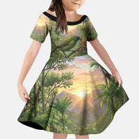 Bellbird New Zealand Personalised Family Matching Mermaid Dress and Hawaiian Shirt Korimako Harakeke Flower Native Forest LT22 Daughter's Dress Green - Polynesian Pride