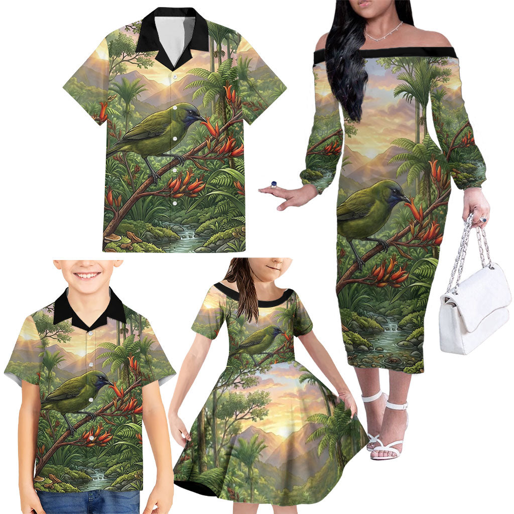 Bellbird New Zealand Personalised Family Matching Off The Shoulder Long Sleeve Dress and Hawaiian Shirt Korimako Harakeke Flower Native Forest