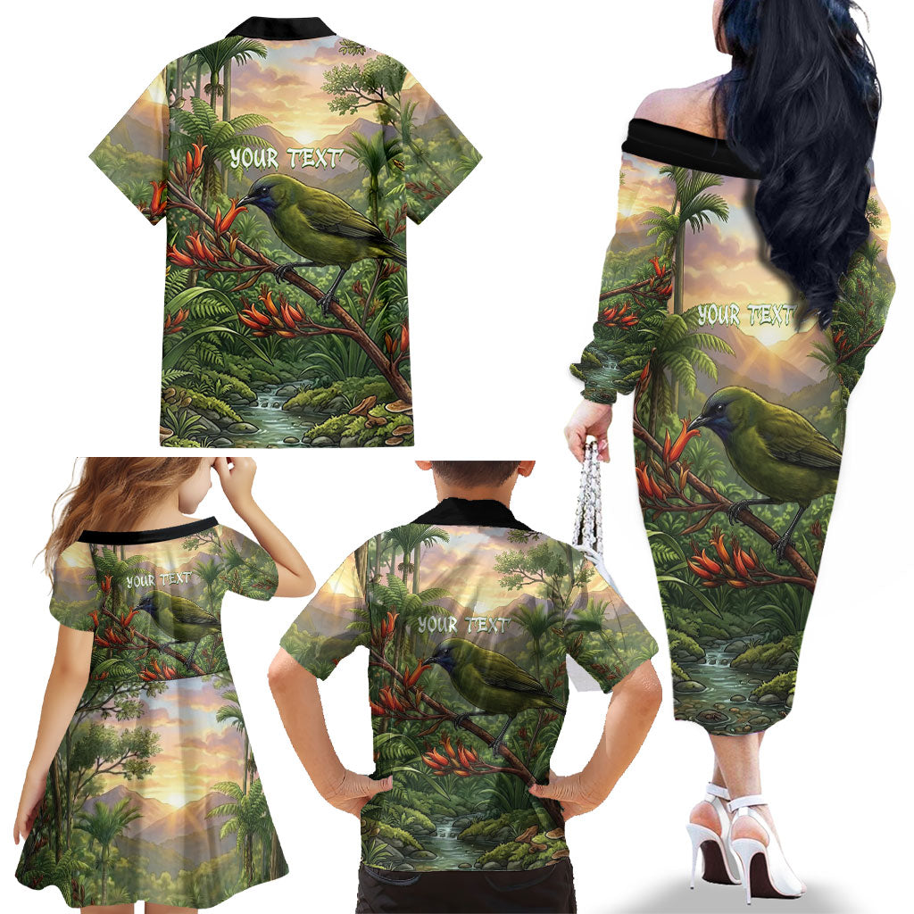 Bellbird New Zealand Personalised Family Matching Off The Shoulder Long Sleeve Dress and Hawaiian Shirt Korimako Harakeke Flower Native Forest LT22 - Polynesian Pride