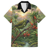 Bellbird New Zealand Personalised Family Matching Off The Shoulder Long Sleeve Dress and Hawaiian Shirt Korimako Harakeke Flower Native Forest LT22 Dad's Shirt - Short Sleeve Green - Polynesian Pride