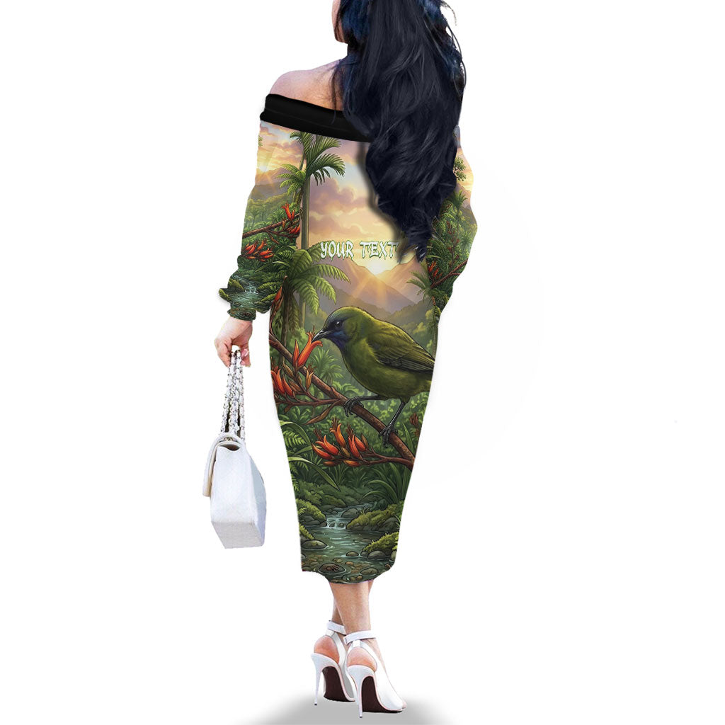 Bellbird New Zealand Personalised Family Matching Off The Shoulder Long Sleeve Dress and Hawaiian Shirt Korimako Harakeke Flower Native Forest LT22 - Polynesian Pride