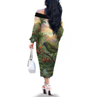 Bellbird New Zealand Personalised Family Matching Off The Shoulder Long Sleeve Dress and Hawaiian Shirt Korimako Harakeke Flower Native Forest LT22 - Polynesian Pride