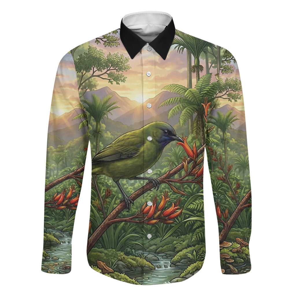 Bellbird New Zealand Personalised Family Matching Off Shoulder Short Dress and Hawaiian Shirt Korimako Harakeke Flower Native Forest LT22 Dad's Shirt - Long Sleeve Green - Polynesian Pride