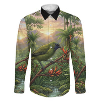Bellbird New Zealand Personalised Family Matching Off Shoulder Short Dress and Hawaiian Shirt Korimako Harakeke Flower Native Forest LT22 Dad's Shirt - Long Sleeve Green - Polynesian Pride