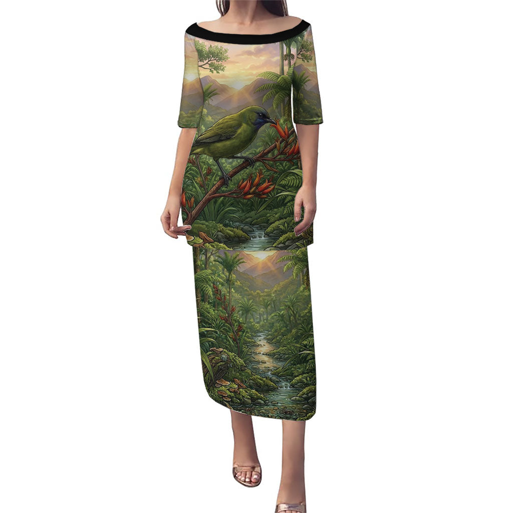 Bellbird New Zealand Personalised Family Matching Puletasi and Hawaiian Shirt Korimako Harakeke Flower Native Forest LT22 Mom's Dress Green - Polynesian Pride