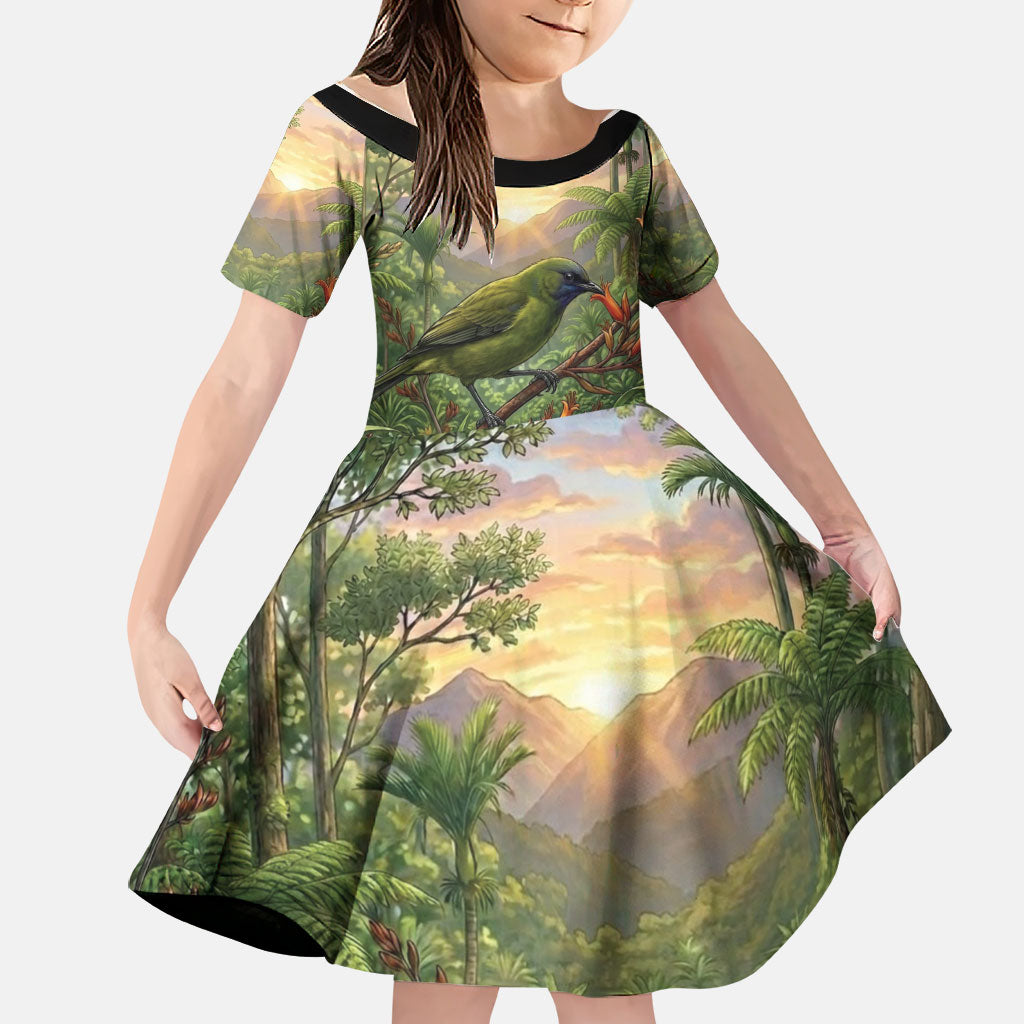Bellbird New Zealand Personalised Family Matching Short Sleeve Bodycon Dress and Hawaiian Shirt Korimako Harakeke Flower Native Forest LT22 Daughter's Dress Green - Polynesian Pride