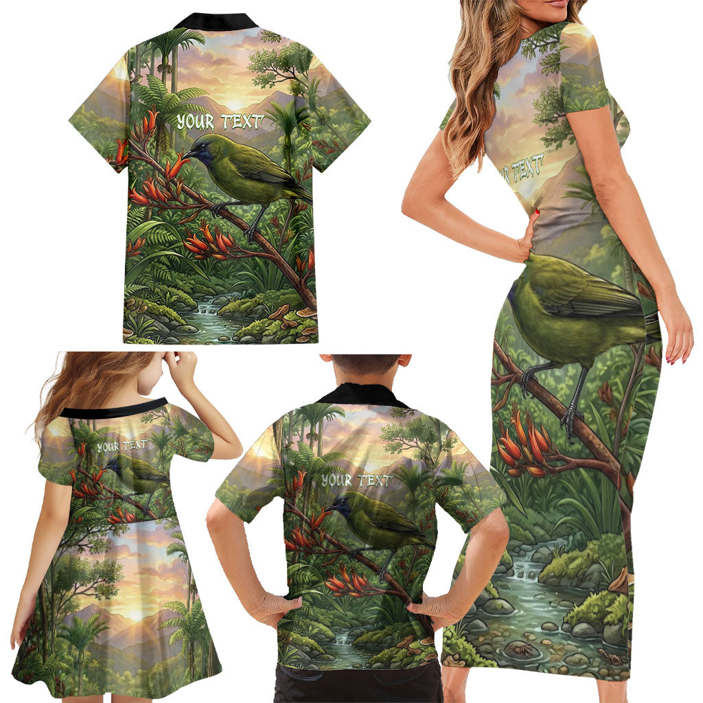 Bellbird New Zealand Personalised Family Matching Short Sleeve Bodycon Dress and Hawaiian Shirt Korimako Harakeke Flower Native Forest LT22 - Polynesian Pride