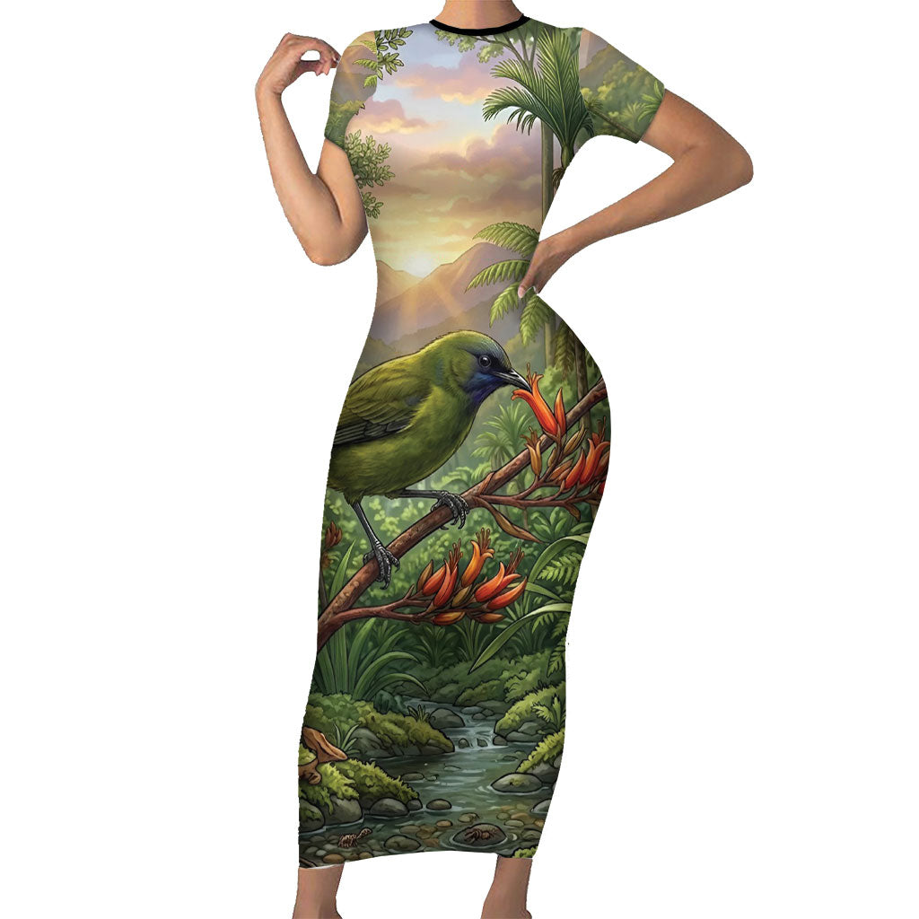 Bellbird New Zealand Personalised Family Matching Short Sleeve Bodycon Dress and Hawaiian Shirt Korimako Harakeke Flower Native Forest LT22 Mom's Dress Green - Polynesian Pride