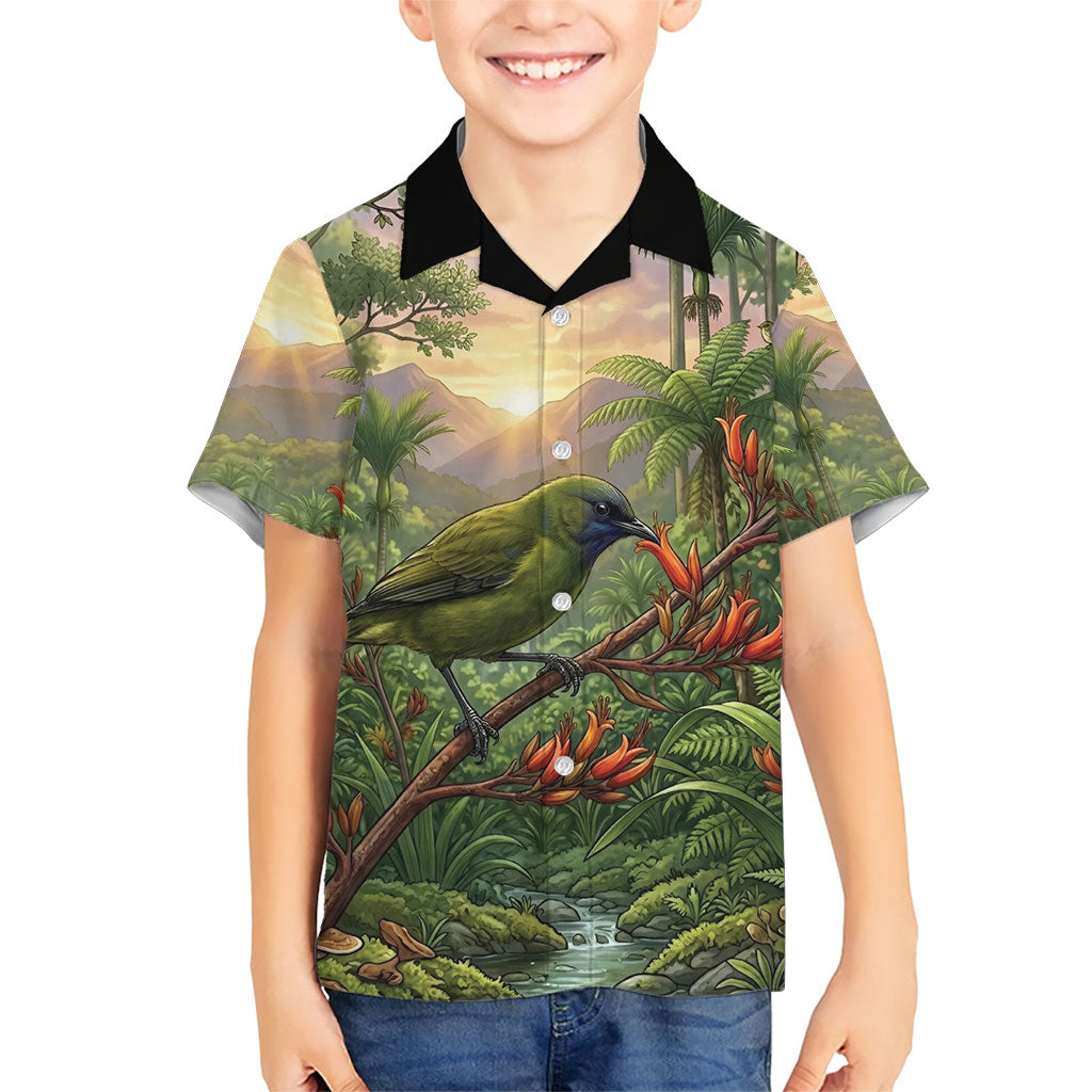 Bellbird New Zealand Personalised Family Matching Short Sleeve Bodycon Dress and Hawaiian Shirt Korimako Harakeke Flower Native Forest LT22 Son's Shirt Green - Polynesian Pride