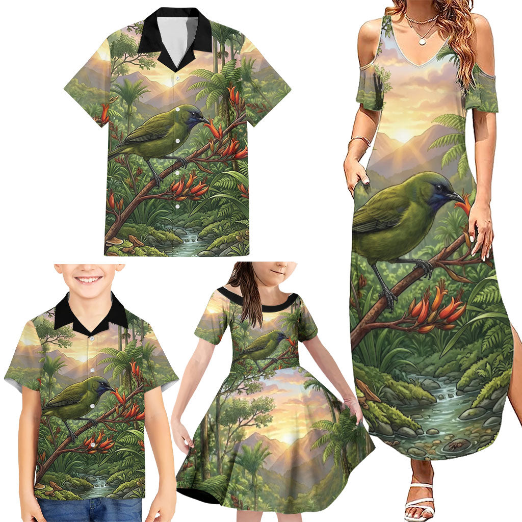 Bellbird New Zealand Personalised Family Matching Summer Maxi Dress and Hawaiian Shirt Korimako Harakeke Flower Native Forest LT22 - Polynesian Pride