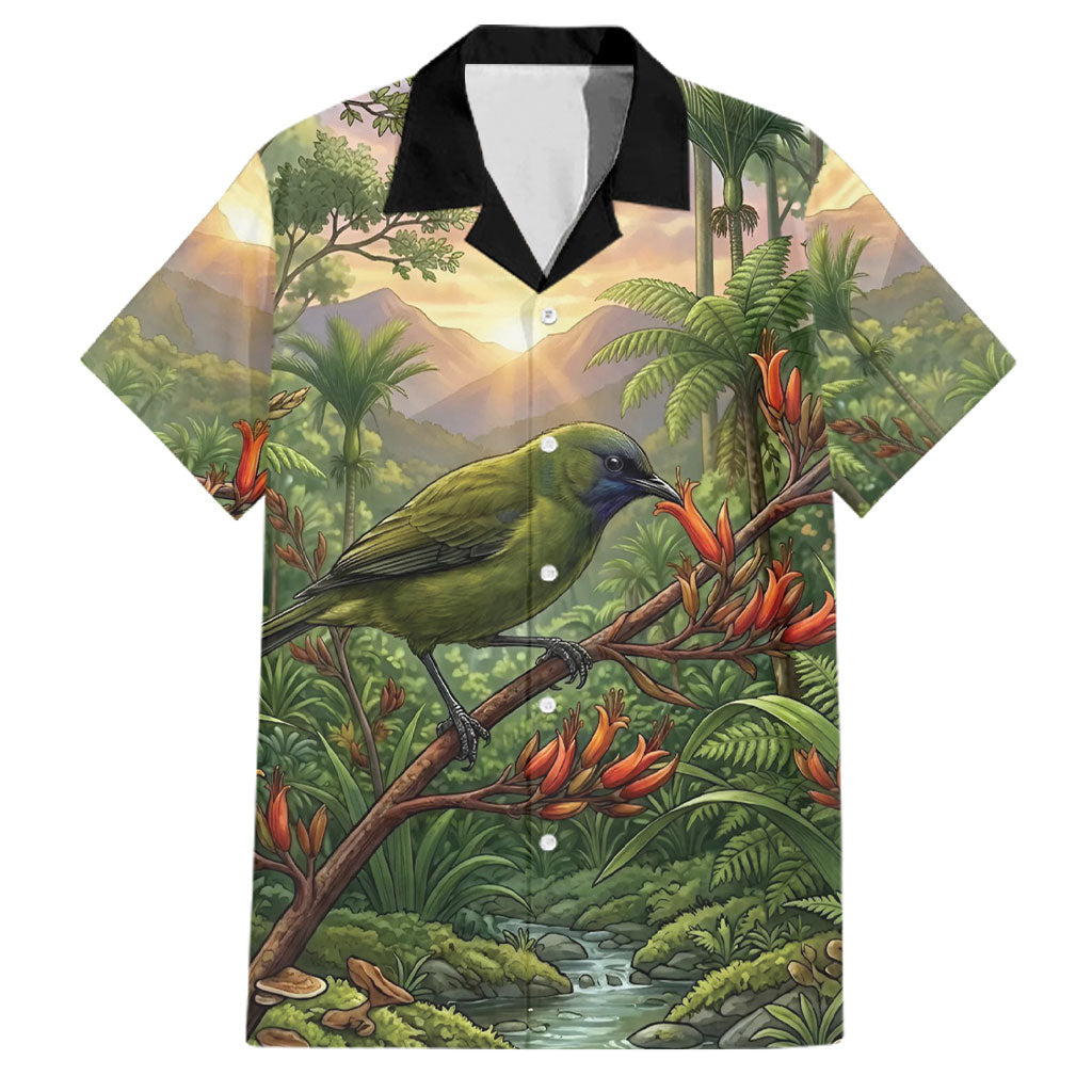 Bellbird New Zealand Personalised Family Matching Tank Maxi Dress and Hawaiian Shirt Korimako Harakeke Flower Native Forest LT22 Dad's Shirt - Short Sleeve Green - Polynesian Pride