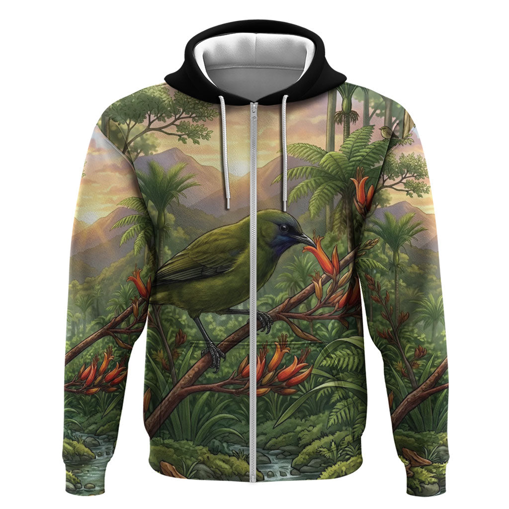 Bellbird New Zealand Personalised Hoodie Korimako Harakeke Flower Native Forest