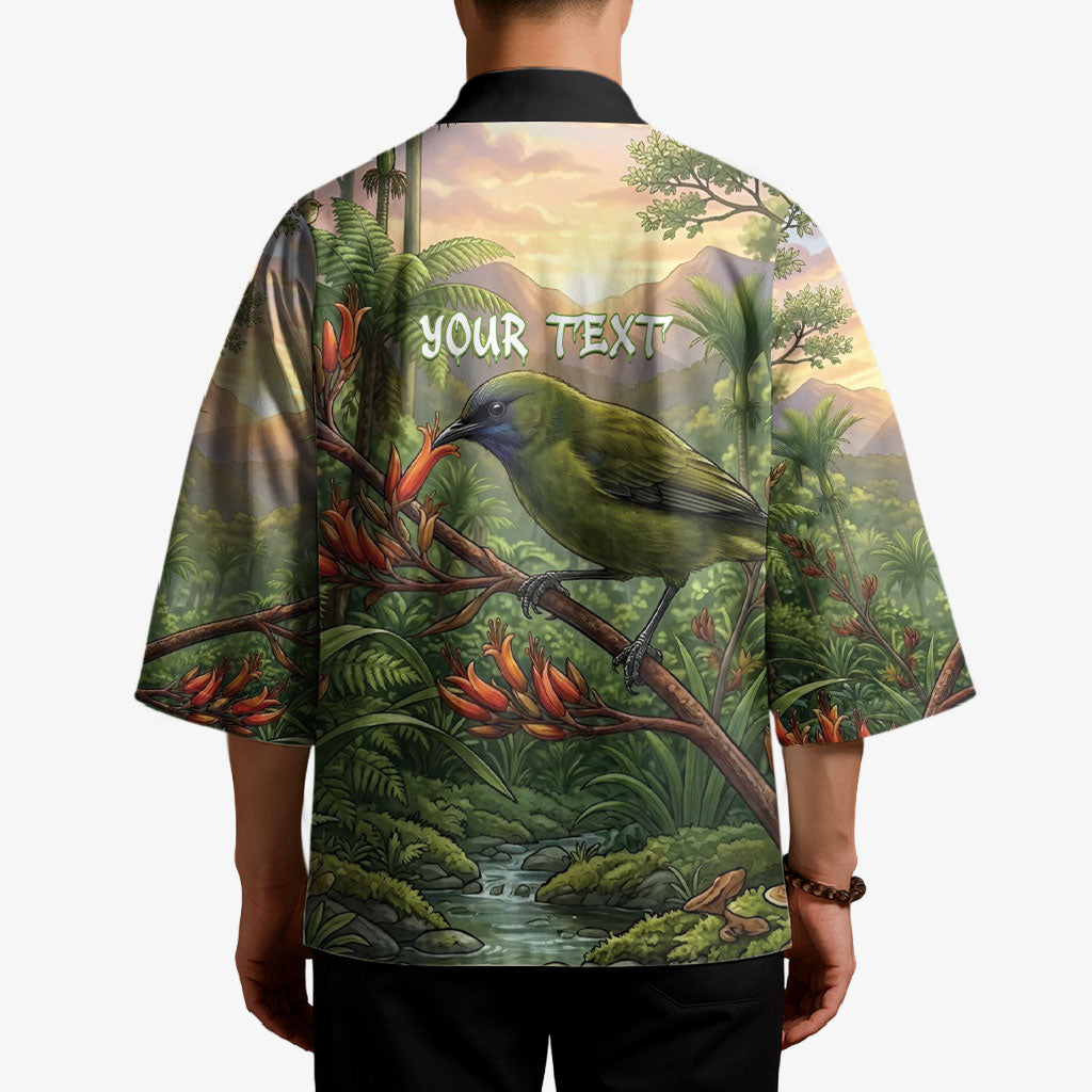 Bellbird New Zealand Personalised Kimono Korimako Harakeke Flower Native Forest