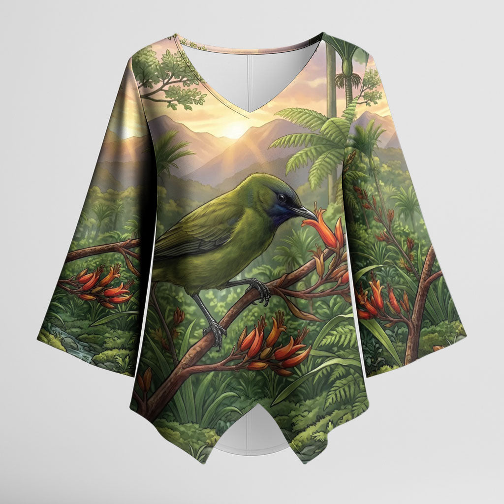 Bellbird New Zealand Personalised Kimono Sleeve Blouse Korimako Harakeke Flower Native Forest