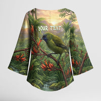 Bellbird New Zealand Personalised Kimono Sleeve Blouse Korimako Harakeke Flower Native Forest