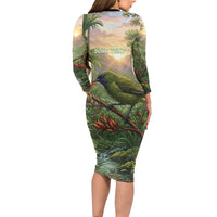 Bellbird New Zealand Personalised Long Sleeve Bodycon Dress Korimako Harakeke Flower Native Forest