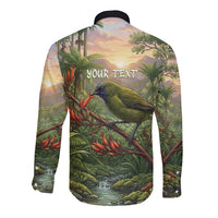 Bellbird New Zealand Personalised Long Sleeve Button Shirt Korimako Harakeke Flower Native Forest