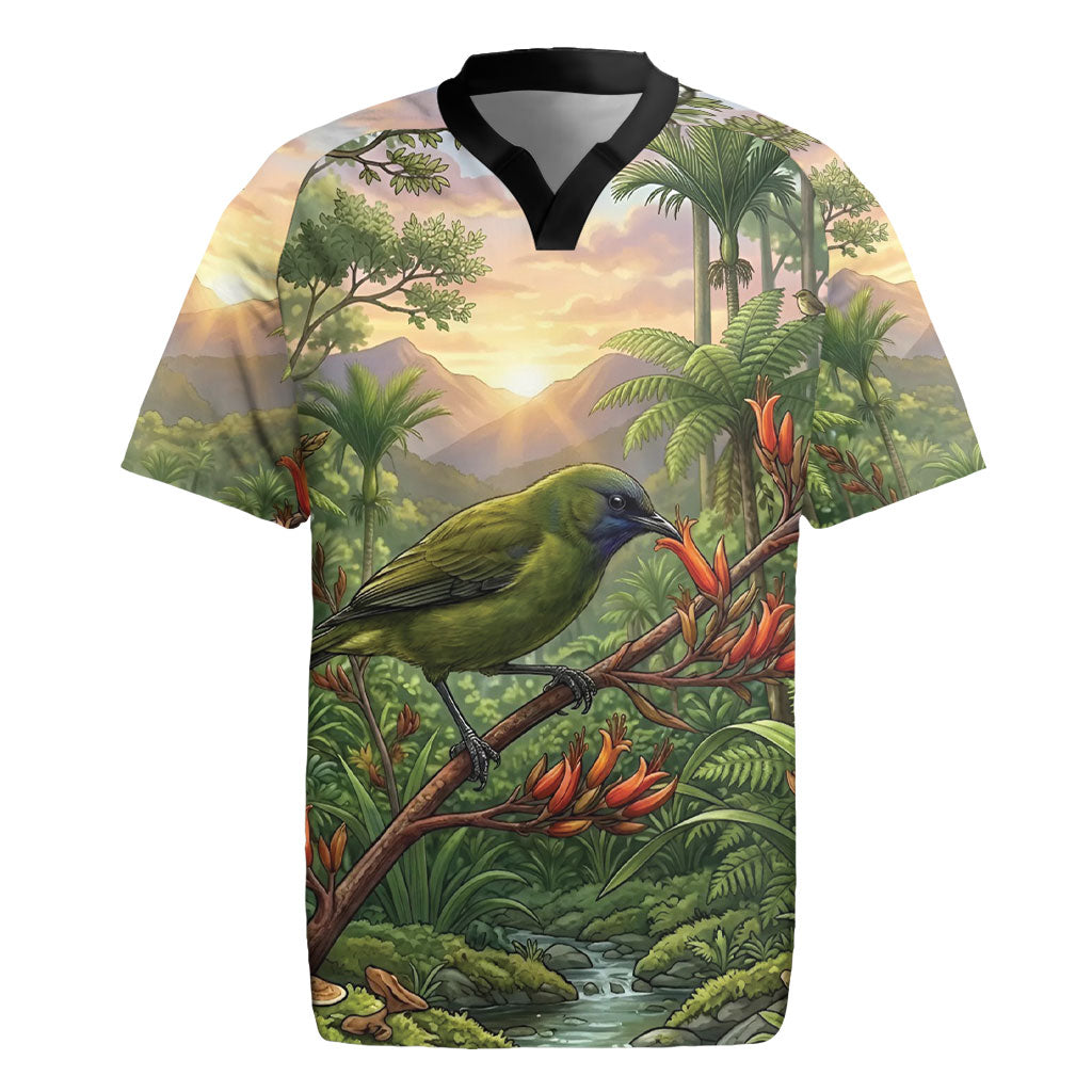 Bellbird New Zealand Personalised Rugby Jersey Korimako Harakeke Flower Native Forest