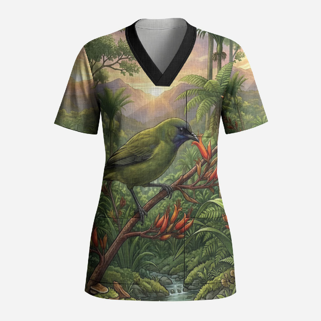 Bellbird New Zealand Personalised Scrub Top Korimako Harakeke Flower Native Forest