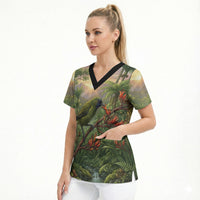 Bellbird New Zealand Personalised Scrub Top Korimako Harakeke Flower Native Forest