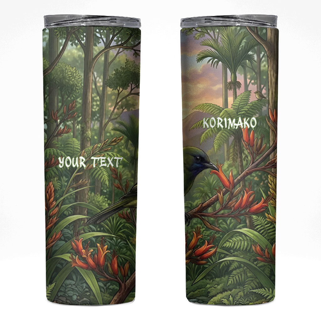 Bellbird New Zealand Personalised Skinny Tumbler Korimako Harakeke Flower Native Forest