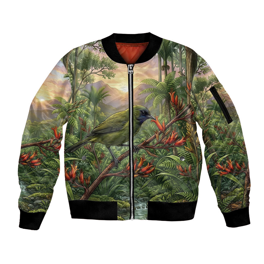 Bellbird New Zealand Personalised Sleeve Zip Bomber Jacket Korimako Harakeke Flower Native Forest