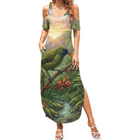 Bellbird New Zealand Personalised Summer Maxi Dress Korimako Harakeke Flower Native Forest