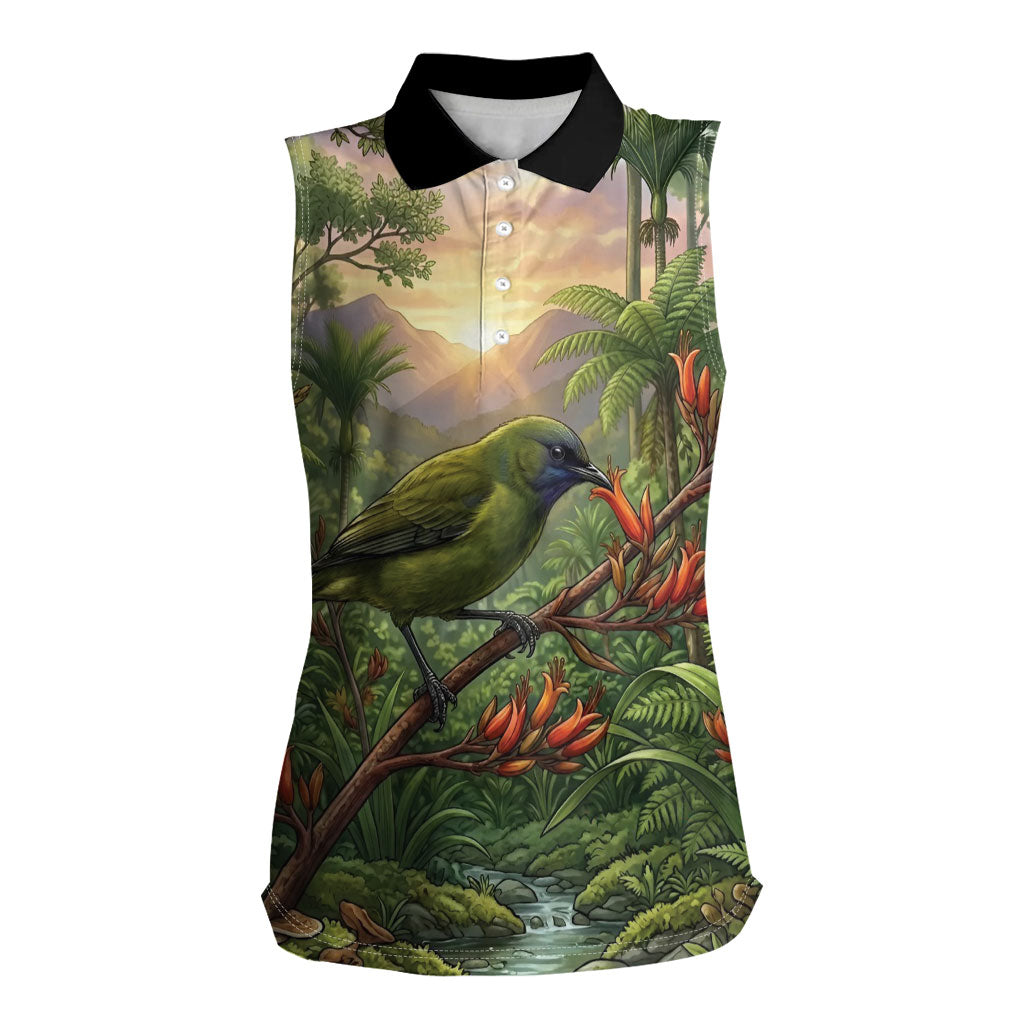 Bellbird New Zealand Personalised Women Sleeveless Polo Shirt Korimako Harakeke Flower Native Forest LT22 Female Green - Polynesian Pride