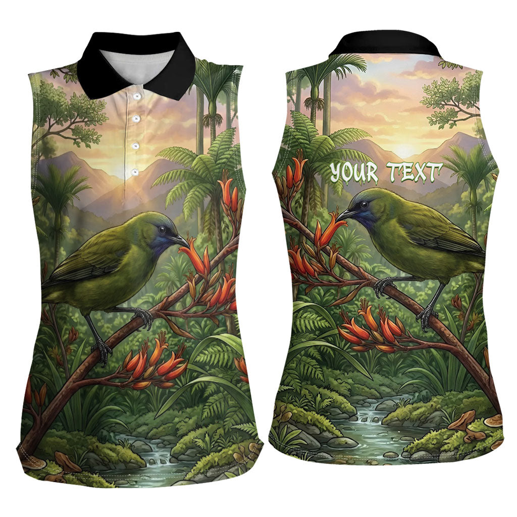 Bellbird New Zealand Personalised Women Sleeveless Polo Shirt Korimako Harakeke Flower Native Forest LT22 - Polynesian Pride