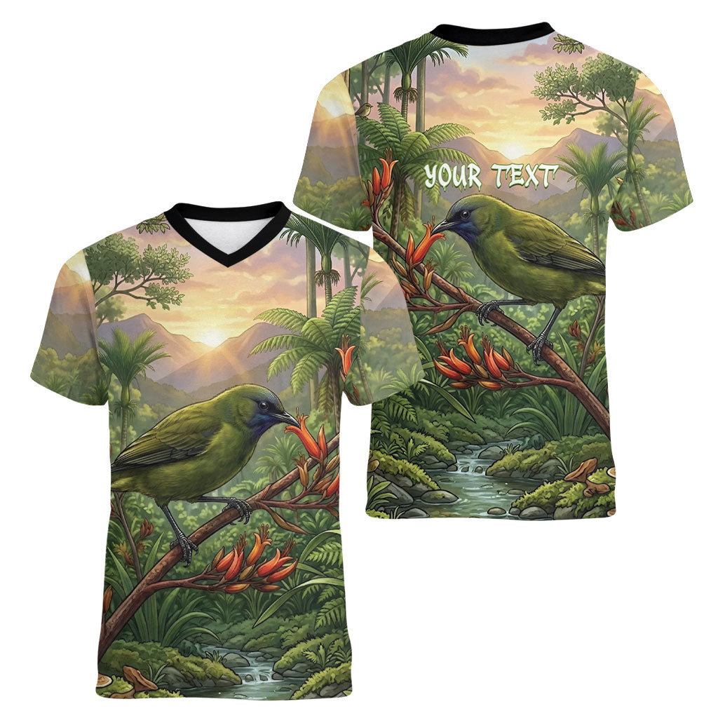 Bellbird New Zealand Personalised Women V-Neck T-Shirt Korimako Harakeke Flower Native Forest