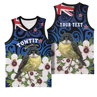 Tomtit New Zealand Personalised Basketball Jersey Miromiro Manuka Flower Maori Pattern