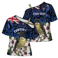 Tomtit New Zealand Personalised Cross Shoulder Shirt Miromiro Manuka Flower Maori Pattern