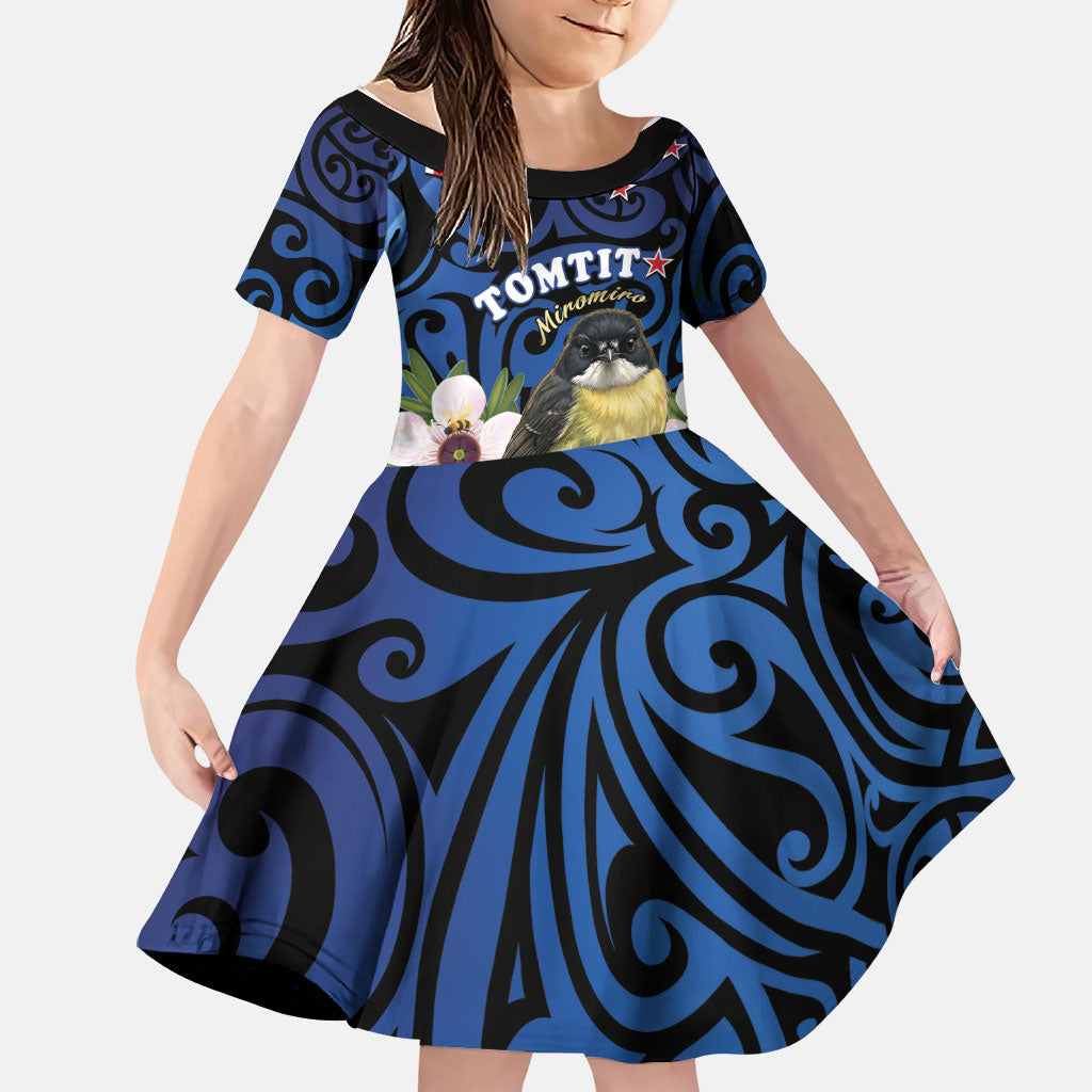 Tomtit New Zealand Personalised Family Matching Long Sleeve Bodycon Dress and Hawaiian Shirt Miromiro Manuka Flower Maori Pattern LT22 Daughter's Dress Blue - Polynesian Pride
