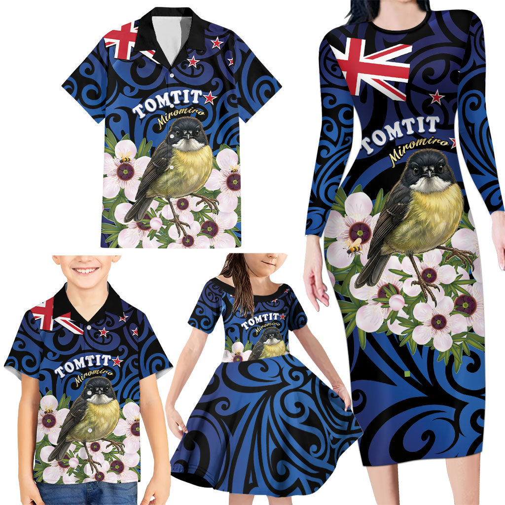 Tomtit New Zealand Personalised Family Matching Long Sleeve Bodycon Dress and Hawaiian Shirt Miromiro Manuka Flower Maori Pattern LT22 - Polynesian Pride