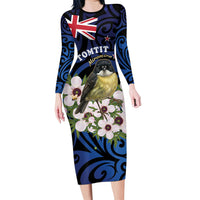 Tomtit New Zealand Personalised Family Matching Long Sleeve Bodycon Dress and Hawaiian Shirt Miromiro Manuka Flower Maori Pattern LT22 Mom's Dress Blue - Polynesian Pride