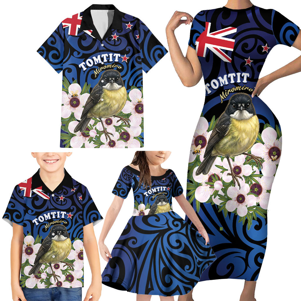 Tomtit New Zealand Personalised Family Matching Short Sleeve Bodycon Dress and Hawaiian Shirt Miromiro Manuka Flower Maori Pattern