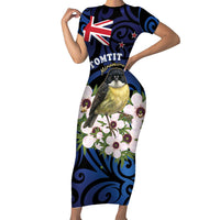 Tomtit New Zealand Personalised Family Matching Short Sleeve Bodycon Dress and Hawaiian Shirt Miromiro Manuka Flower Maori Pattern LT22 Mom's Dress Blue - Polynesian Pride