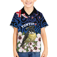 Tomtit New Zealand Personalised Family Matching Summer Maxi Dress and Hawaiian Shirt Miromiro Manuka Flower Maori Pattern LT22 Son's Shirt Blue - Polynesian Pride